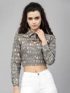 KASSUALLY Charcoal & Yellow Print Shirt Style Crop Top