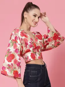 KASSUALLY Red & Green Floral Print Wrap Crop Top