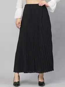 KASSUALLY Women Black Solid Schiffli Pleated Skirts