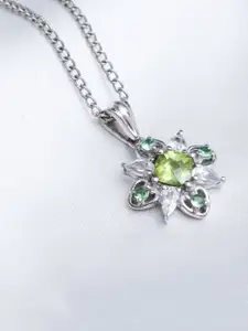 HIFLYER JEWELS Rhodium-Plated Green & White Topaz Studded Pendant With Link Chain