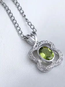HIFLYER JEWELS Rhodium-Plated 925 Sterling Silver Green Topaz Studded Pendant With Chain