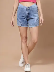 KASSUALLY Women Blue Upside Down Slim Fit Denim Shorts