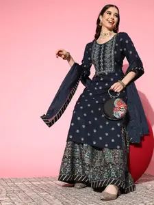SheWill Women Teal Floral Embroidered Kurta with Skirt & With Dupatta