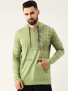 Maniac Men Green Printed Cotton Hooded Sweatshirt