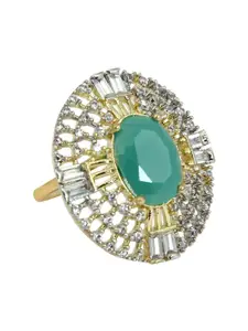 FEMMIBELLA Gold-Plated Green AD With Emarald Studded Adjustable Finger Ring