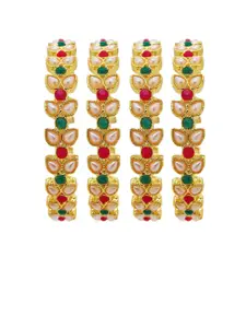 FEMMIBELLA Set of 4 Gold-Plated Red & Green Stone-Studded Bangles