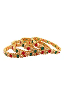 FEMMIBELLA Set of 4 Gold-Plated & Toned Red & Green Artificial Stones Studded Textured Bangles