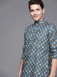 Indo Era Men Blue & Yellow Ethnic Motifs Printed Kurta