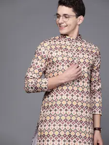 Indo Era Men Beige & Maroon Cotton Printed Kurta