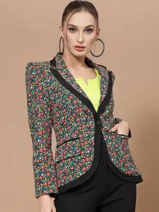 KASSUALLY Women Black & Red Printed Regular-Fit Single Breasted Pure Cotton Casual Blazer