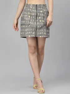 KASSUALLY Women Charcoal Grey & Yellow Printed Patch Pocket Mini Skirt