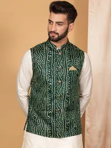 KISAH Men Green Printed Woven Nehru Jackets