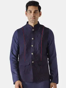 KISAH Men Navy-Blue Woven-Design Nehru Jacket