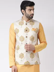 KISAH Men White Woven Design Nehru Jacket