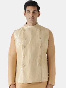 KISAH Men Gold -Coloured Woven Design Nehru Jacket