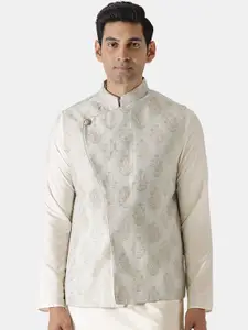 KISAH Men Off White Printed Woven Nehru Jacket