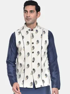 KISAH Men White Printed Nehru Jacket
