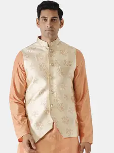KISAH Men Beige Woven Design Nehru Jacket