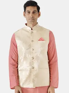 KISAH Men Gold & Cream Woven Design Nehru Jacket