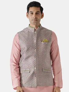 KISAH Men Grey Printed Woven Nehru Jackets