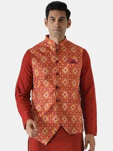 KISAH Men Red Woven Design Nehru Jacket