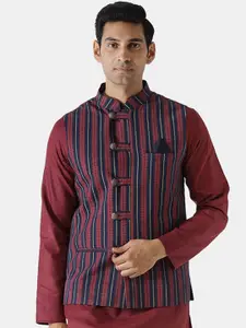 KISAH Men Red & Blue Striped Woven Nehru Jacket