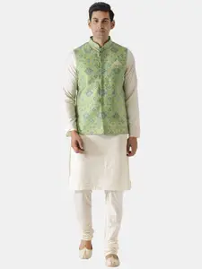 KISAH Men Green Woven Design Nehru Jacket