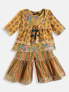 Readiprint Fashions Girls Mustard Yellow & Blue Printed Cotton Kurti with Sharara & Jacket