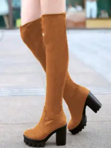 Shoetopia Women Tan Solid Heeled High-Top Boots