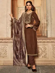 Stylee LIFESTYLE Brown & Gold-Toned Embroidered Velvet Unstitched Dress Material