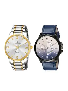 CARLINGTON Men Pack of 2 Embellished Dial & Leather Bracelet Style Straps Analogue Watches