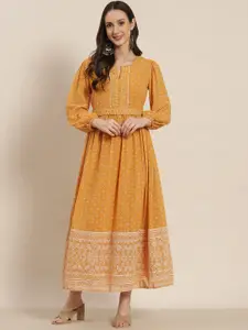 Juniper Mustard Yellow Georgette Khadi Print A-Line Maxi Dress