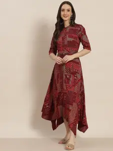 Juniper Women Maroon Printed Asymmetric A-Line Midi Dress