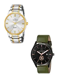 CARLINGTON Men Pack Of 2 Silver & Green Leather Straps Analogue Watch Combo CT6210 SS