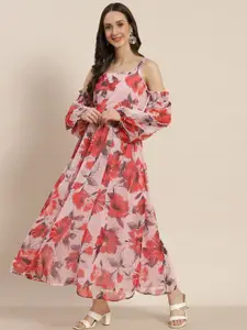 Juniper Women Pink Chiffon Flared Printed A-Line Maxi Dress