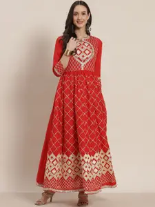 Juniper Red & Golden Ethnic Motifs Printed A-Line Dress