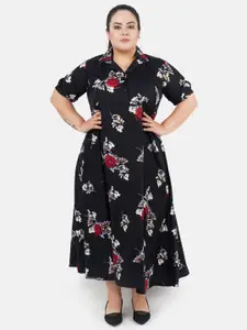 Indietoga Women Plus Size Black Floral Printed Fit and Flare Long Maxi Dress