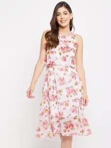 Color Cocktail Women White & Pink Floral Printed Georgette A-Line Dress