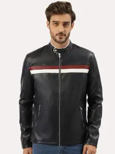 Leather Retail Men Black White Striped Outdoor Biker Jacket
