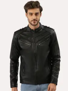 Leather Retail Men Black Solid Outdoor Biker Jacket
