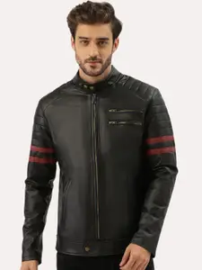 Leather Retail Men Black Striped Outdoor Biker Jacket
