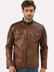 Leather Retail Men Brown Blue Biker Jacket