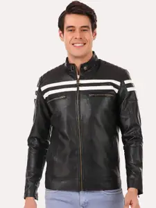 Leather Retail Men Black White Striped Outdoor Biker Jacket with Patchwork