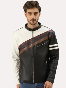 Leather Retail Men Black White Colourblocked Outdoor Biker Jacket
