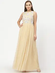 Just Wow Cream-Coloured Floral Embroidered Net Maxi Dress