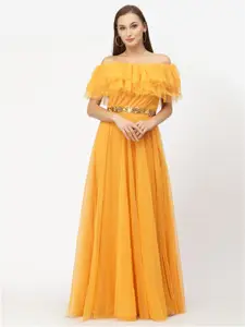 Just Wow Women Yellow Off-Shoulder Net Maxi Dress