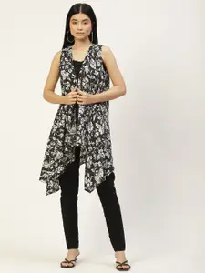 Rue Collection Women Black & Off White Printed Longline Waterfall Shrug