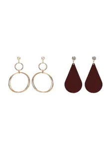 CHOCOZONE Set Of 2 Gold-Toned & Maroon Contemporary Drop Earrings