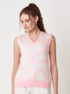 Miramor Women Pink & White Abstract Printed Sweater Vest