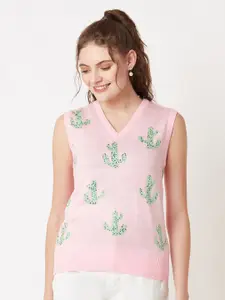 Miramor Women Pink & Green Printed Sweater Vest